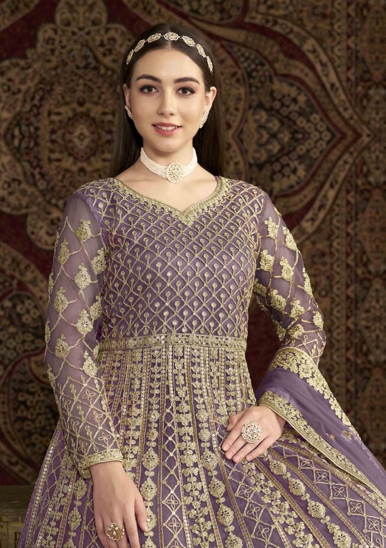 Purple Thread Work Net Dress Material