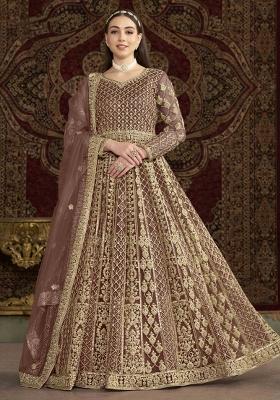 Brown Thread Work Net Dress Material