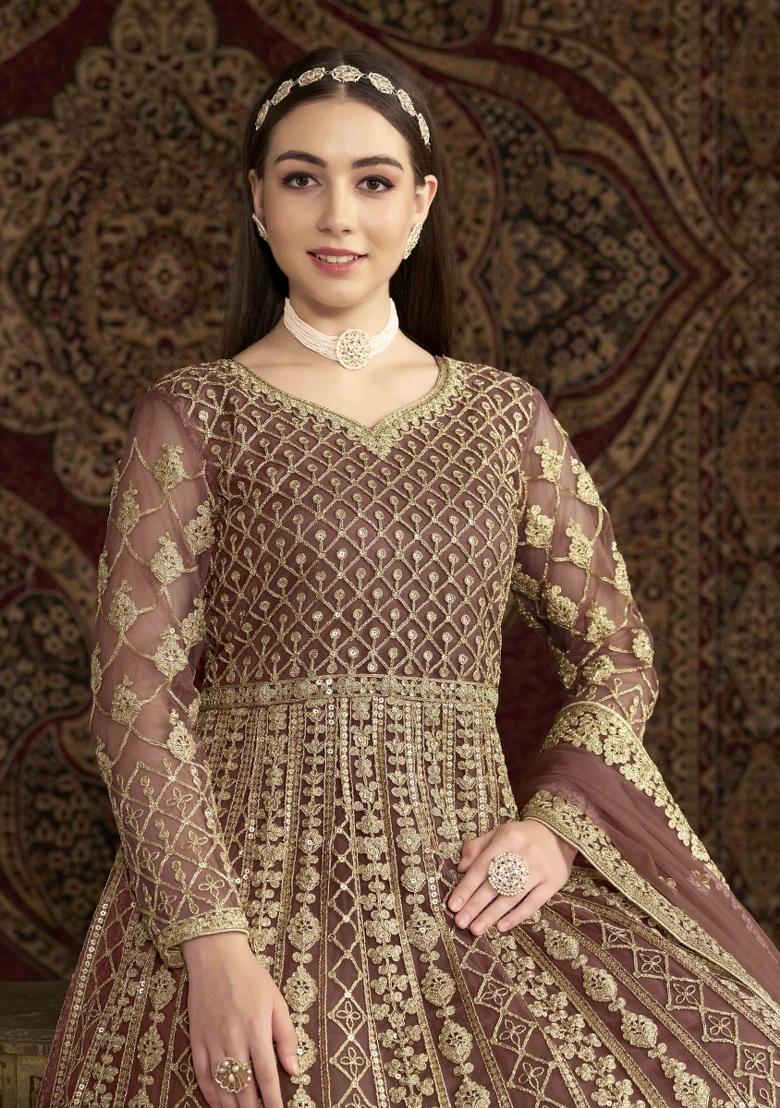 Brown Thread Work Net Dress Material
