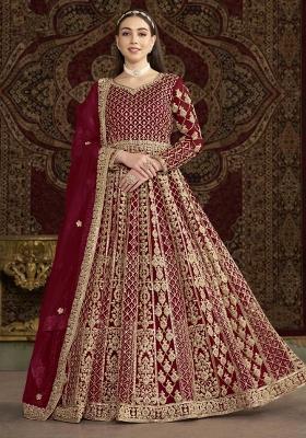 Maroon Thread Work Net Dress Material