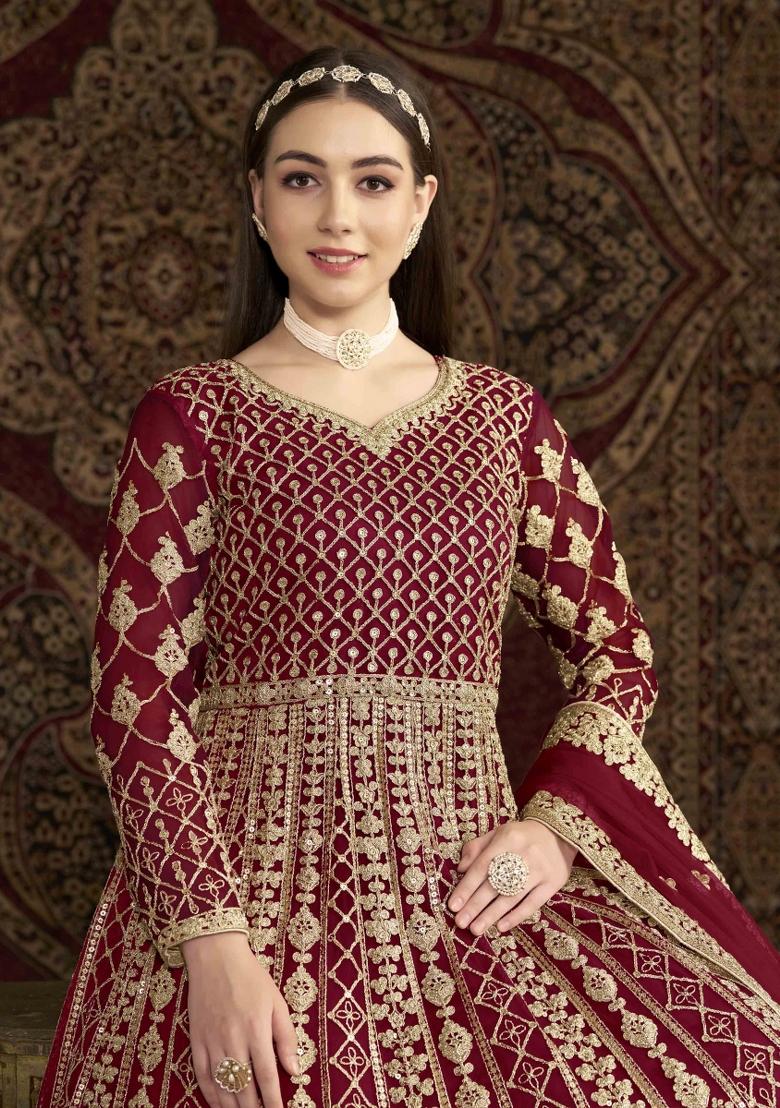 Maroon Thread Work Net Dress Material