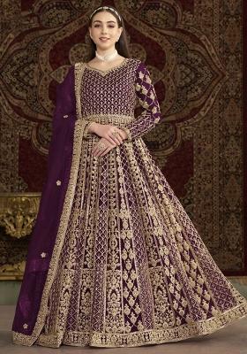 Purple Thread Work Net Dress Material