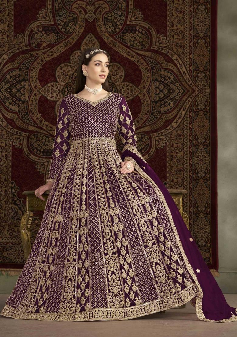 Purple Thread Work Net Dress Material
