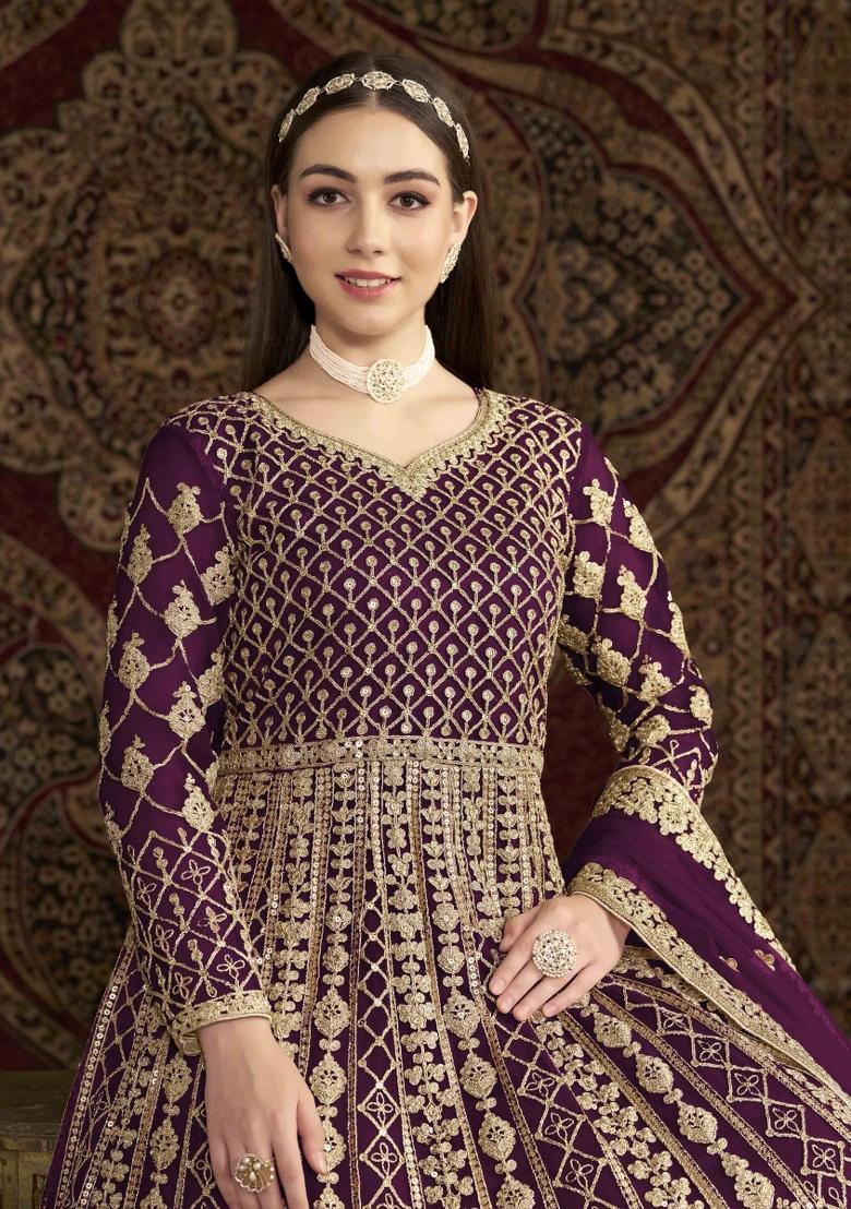 Purple Thread Work Net Dress Material