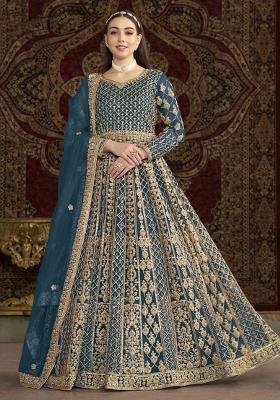 Teal Blue Thread Work Net Dress Material