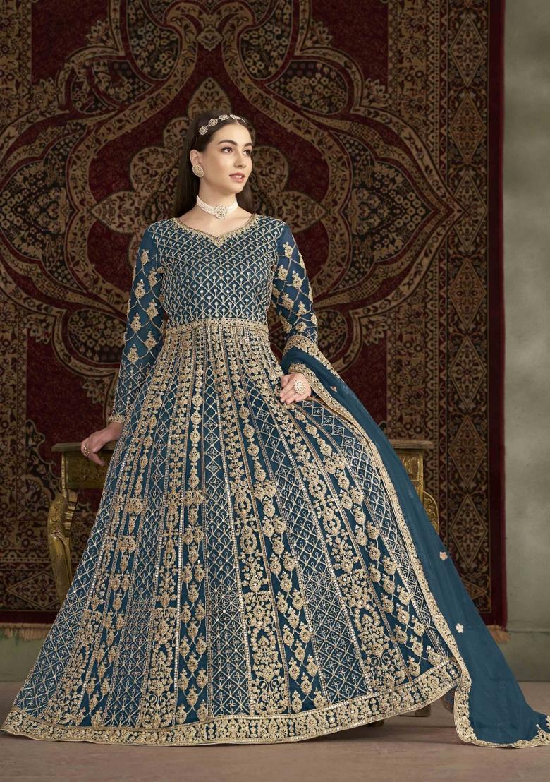 Teal Blue Thread Work Net Dress Material