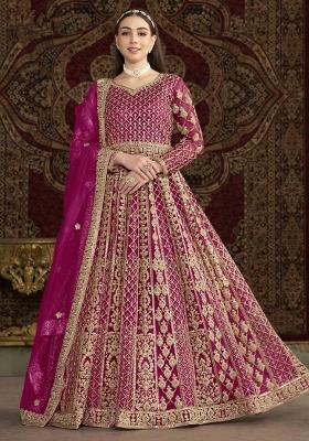 Hot Pink Thread Work Net Dress Material