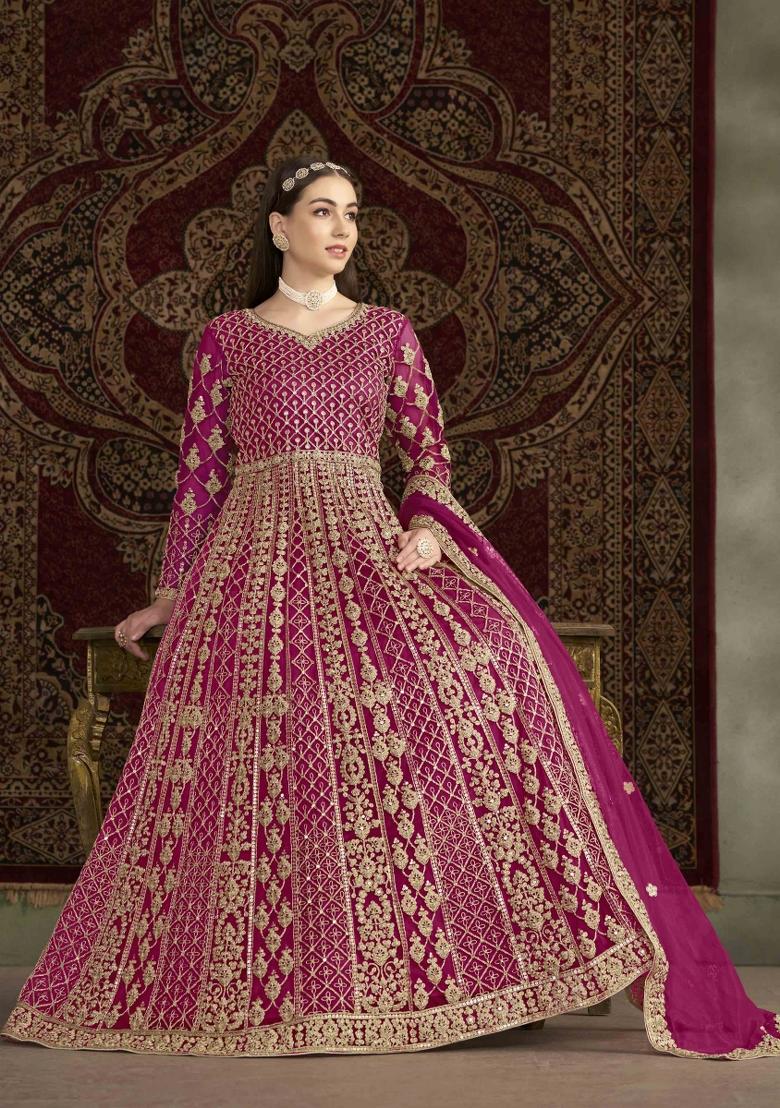 Hot Pink Thread Work Net Dress Material