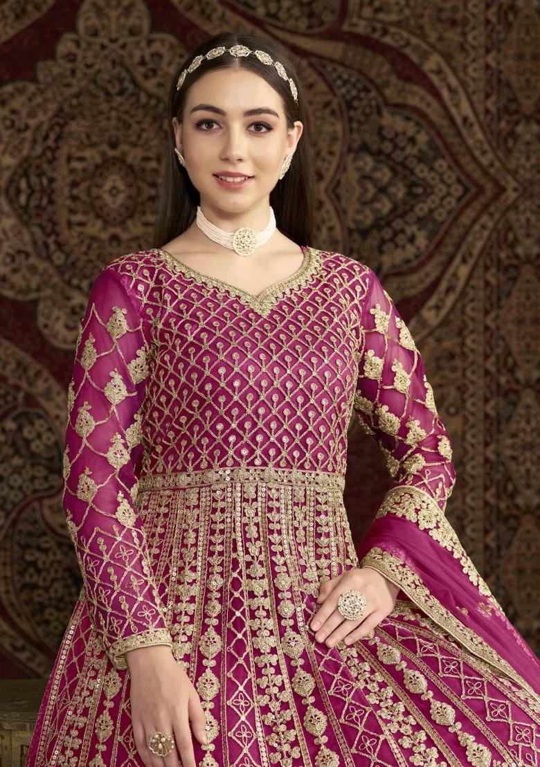 Hot Pink Thread Work Net Dress Material