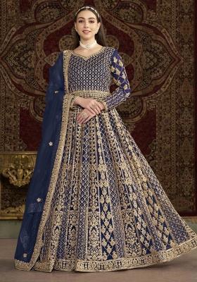 Navy Blue Thread Work Net Dress Material