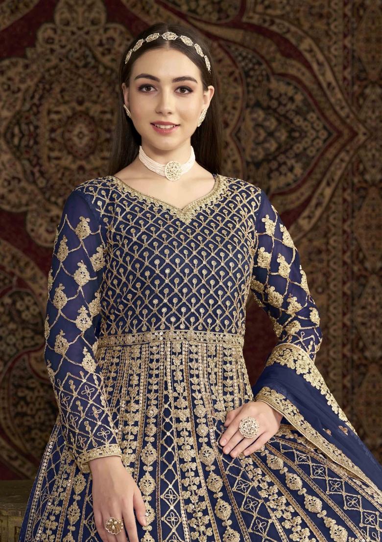 Navy Blue Thread Work Net Dress Material