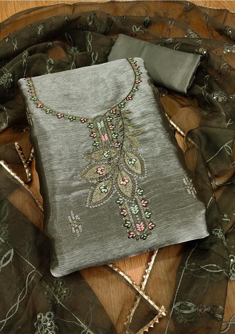 Olive Embroidered Organza Dress Material