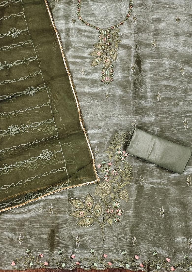 Olive Embroidered Organza Dress Material