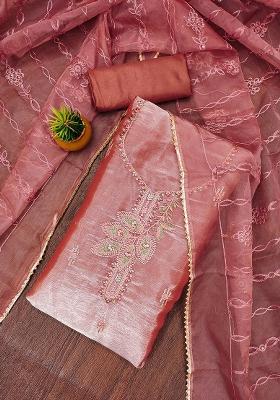 Orange Embroidered Organza Dress Material