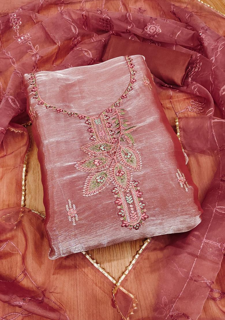 Orange Embroidered Organza Dress Material