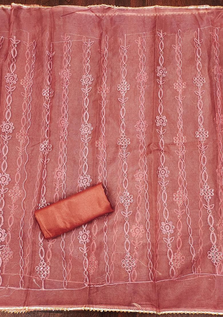 Orange Embroidered Organza Dress Material