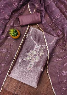 Purple Embroidered Organza Dress Material