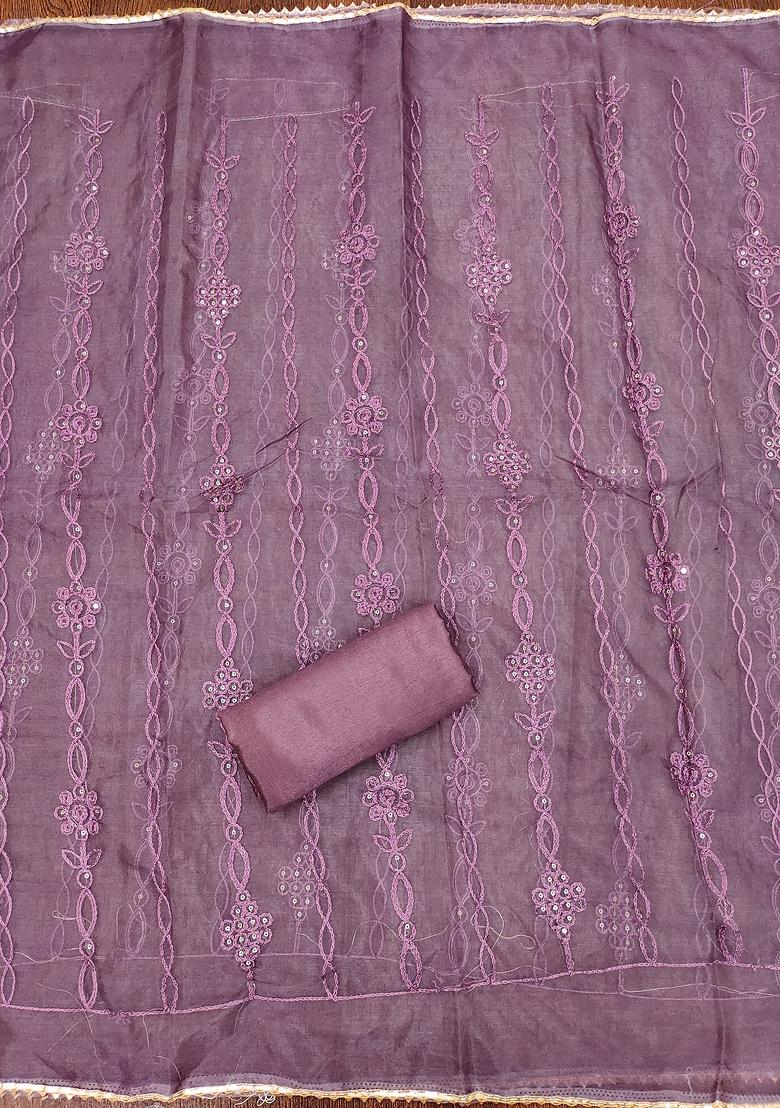 Purple Embroidered Organza Dress Material