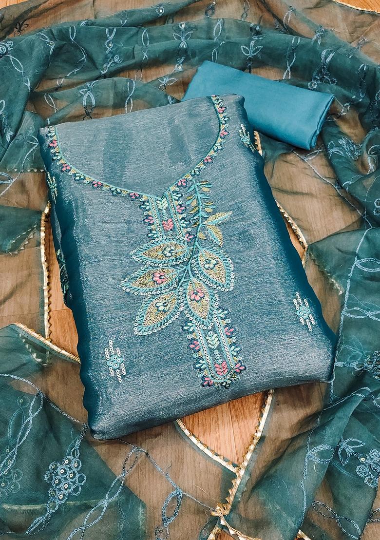 Turquoise Blue Embroidered Organza Dress Material