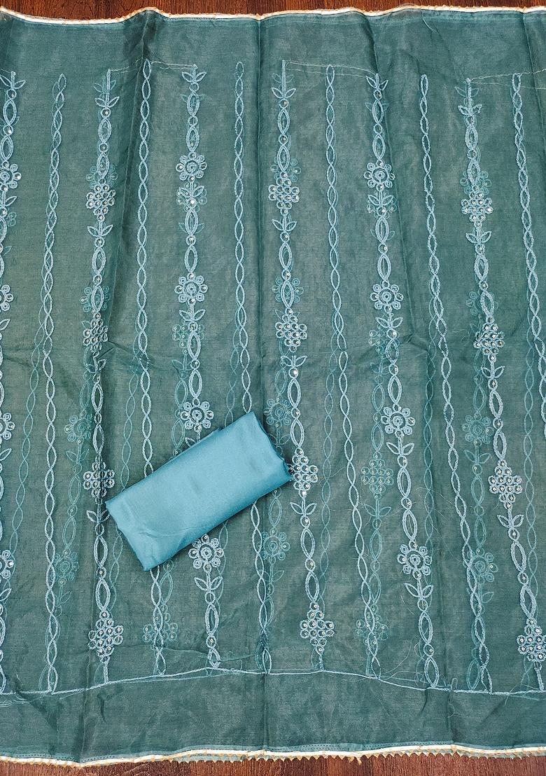 Turquoise Blue Embroidered Organza Dress Material