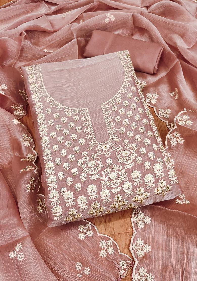 Coral Embroidered Silk Dress Material