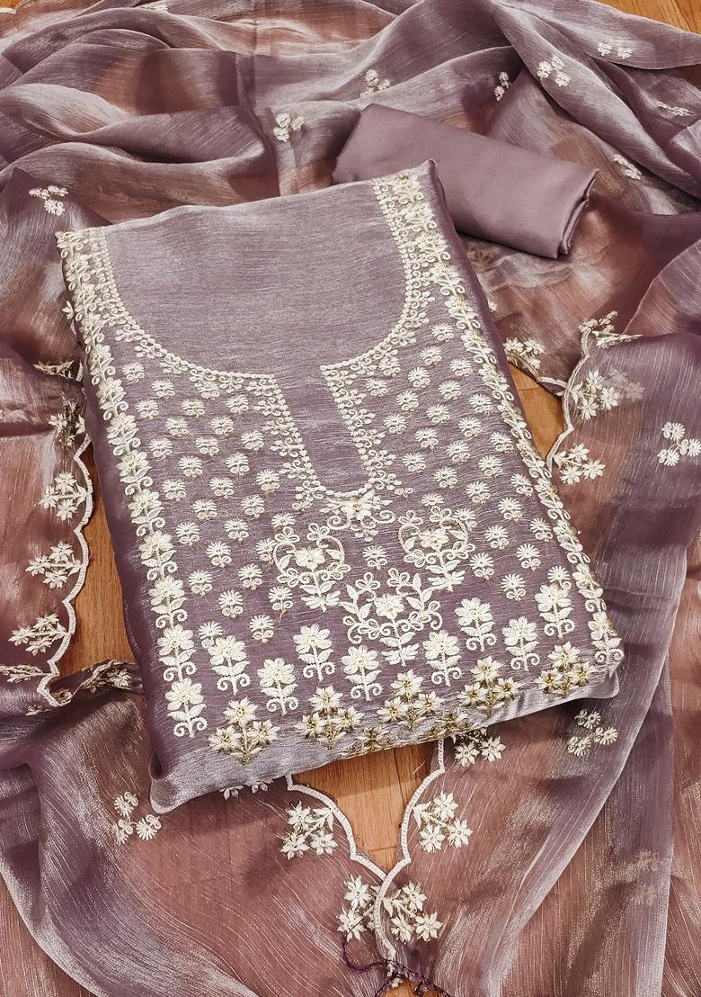 Lavender Embroidered Silk Dress Material