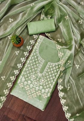Lime Green Embroidered Silk Dress Material