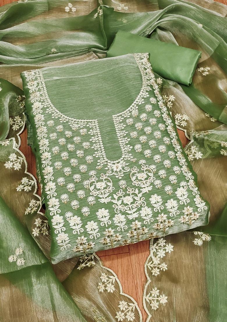 Lime Green Embroidered Silk Dress Material