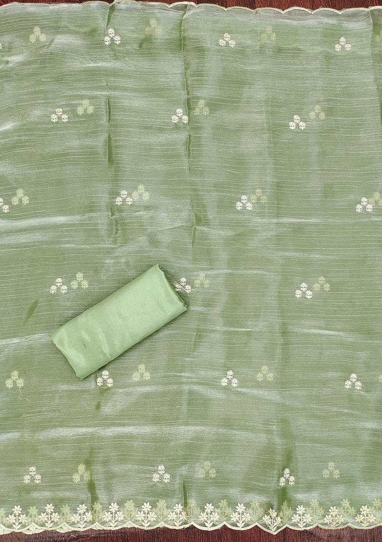 Lime Green Embroidered Silk Dress Material