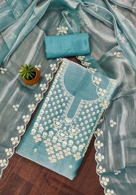 Turquoise Blue Embroidered Silk Dress Material