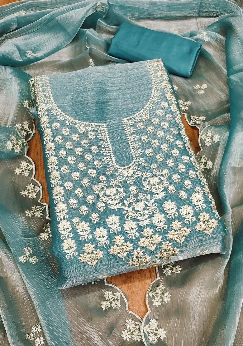 Turquoise Blue Embroidered Silk Dress Material