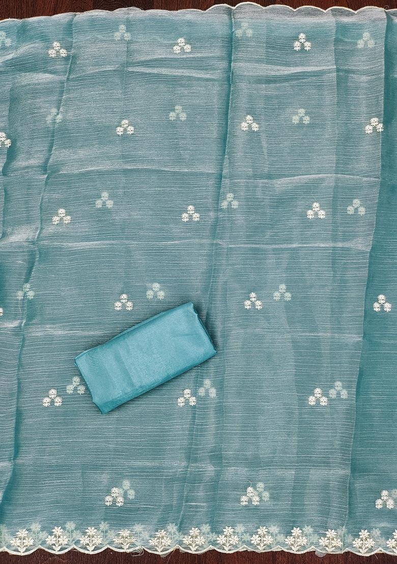 Turquoise Blue Embroidered Silk Dress Material