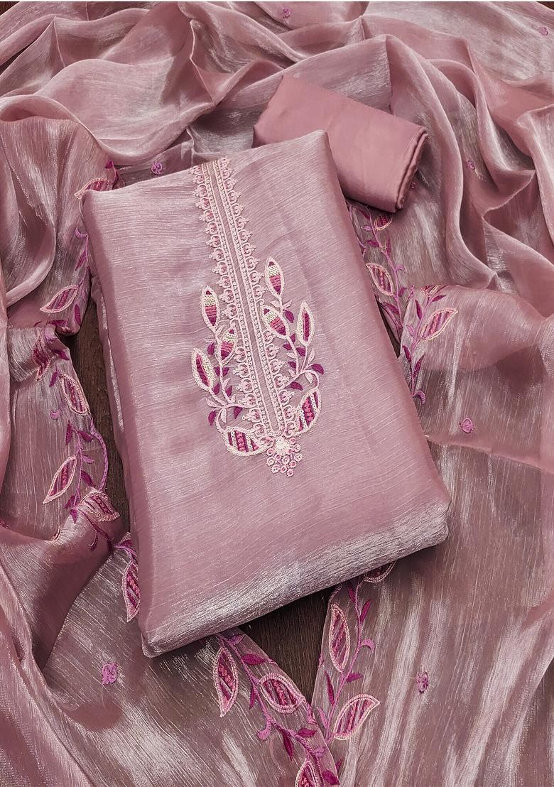 Pink Embroidered Silk Dress Material