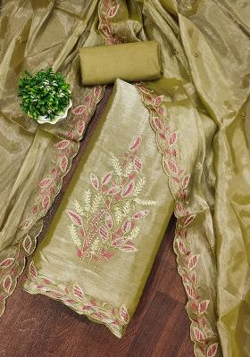 Olive Embroidered Silk Dress Material