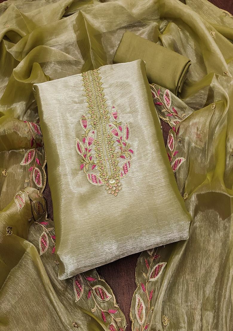 Olive Embroidered Silk Dress Material