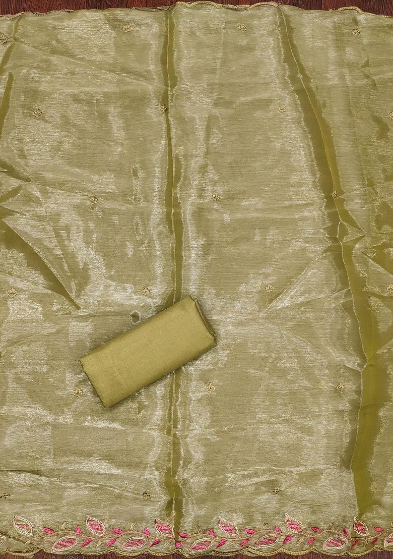 Olive Embroidered Silk Dress Material