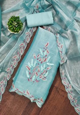 Turquoise Blue Embroidered Silk Dress Material
