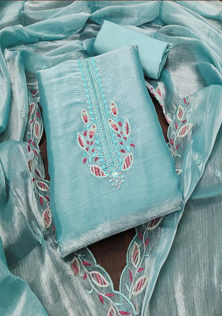 Turquoise Blue Embroidered Silk Dress Material
