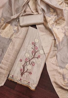 Brown Embroidered Chinnon Silk Dress Material