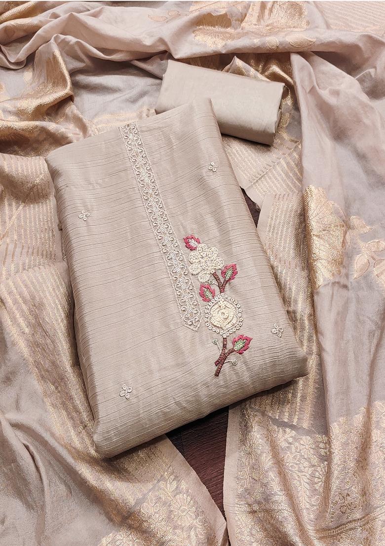 Brown Embroidered Chinnon Silk Dress Material