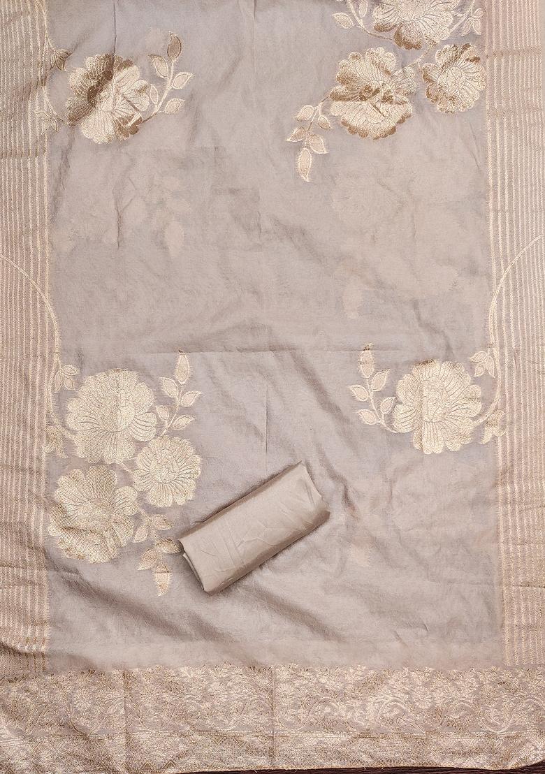 Brown Embroidered Chinnon Silk Dress Material