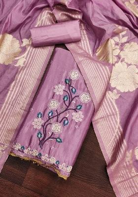 Lavender Embroidered Chinnon Silk Dress Material
