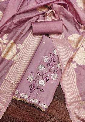 Pink Embroidered Chinnon Silk Dress Material