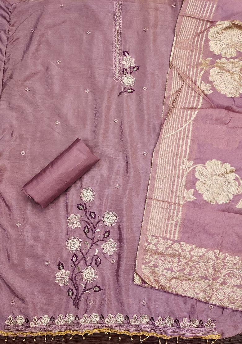 Pink Embroidered Chinnon Silk Dress Material