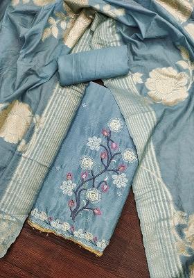Turquoise Blue Embroidered Chinnon Silk Dress Material