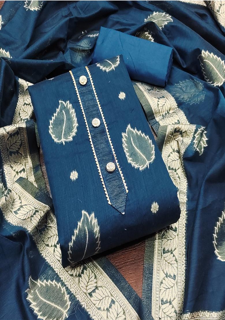 Blue Zari Silk Dress Material