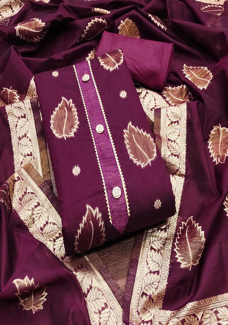 Purple Zari Silk Dress Material