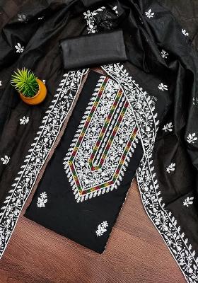 Black Embroidered Vichitra Silk Dress Material