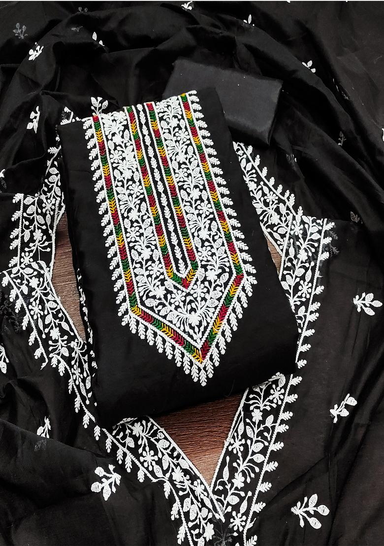 Black Embroidered Vichitra Silk Dress Material