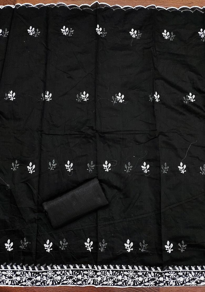 Black Embroidered Vichitra Silk Dress Material